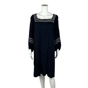 Loft Navy Blue Shift Dress White Ric Rac Balloon Sleeves Women's Size L